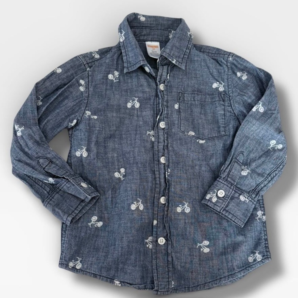 Gymboree Shirt Boys Size 4T Blue Chambray Bicycle 100% Cotton Long Sleeve Button